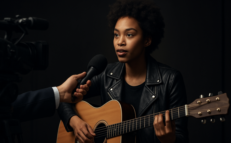 Musician in interview holding a guitar.