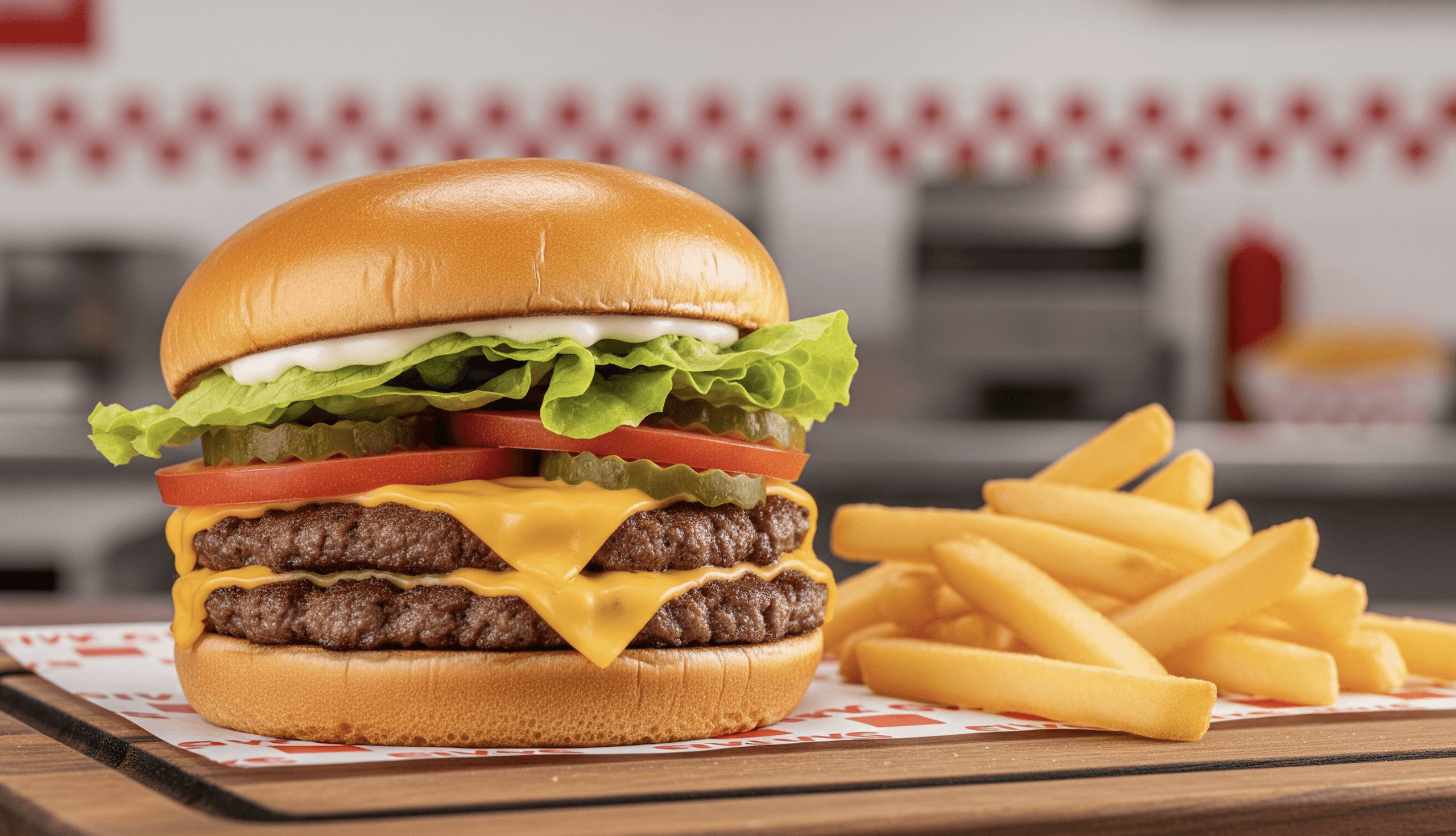 Cheeseburger with lettuce, tomato, fries in background.