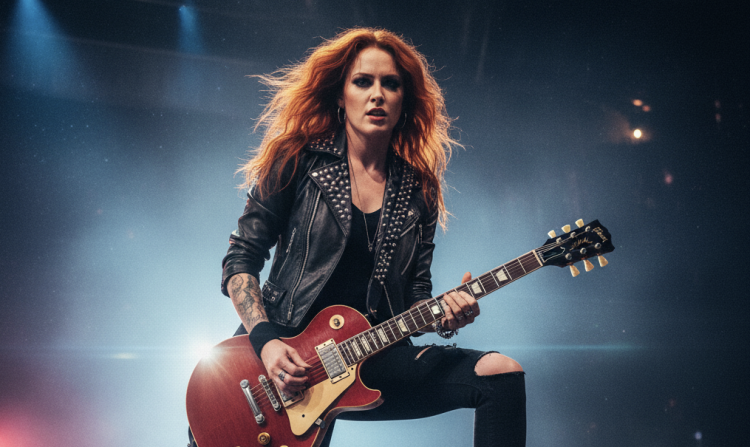 Guitarist performing live on stage with red guitar.