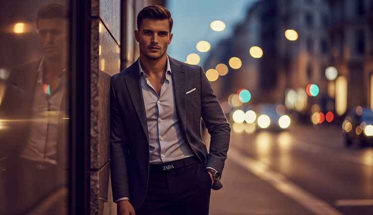 Man in suit standing on city street at night.