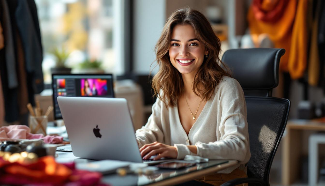 Woman smiling at desk with laptop