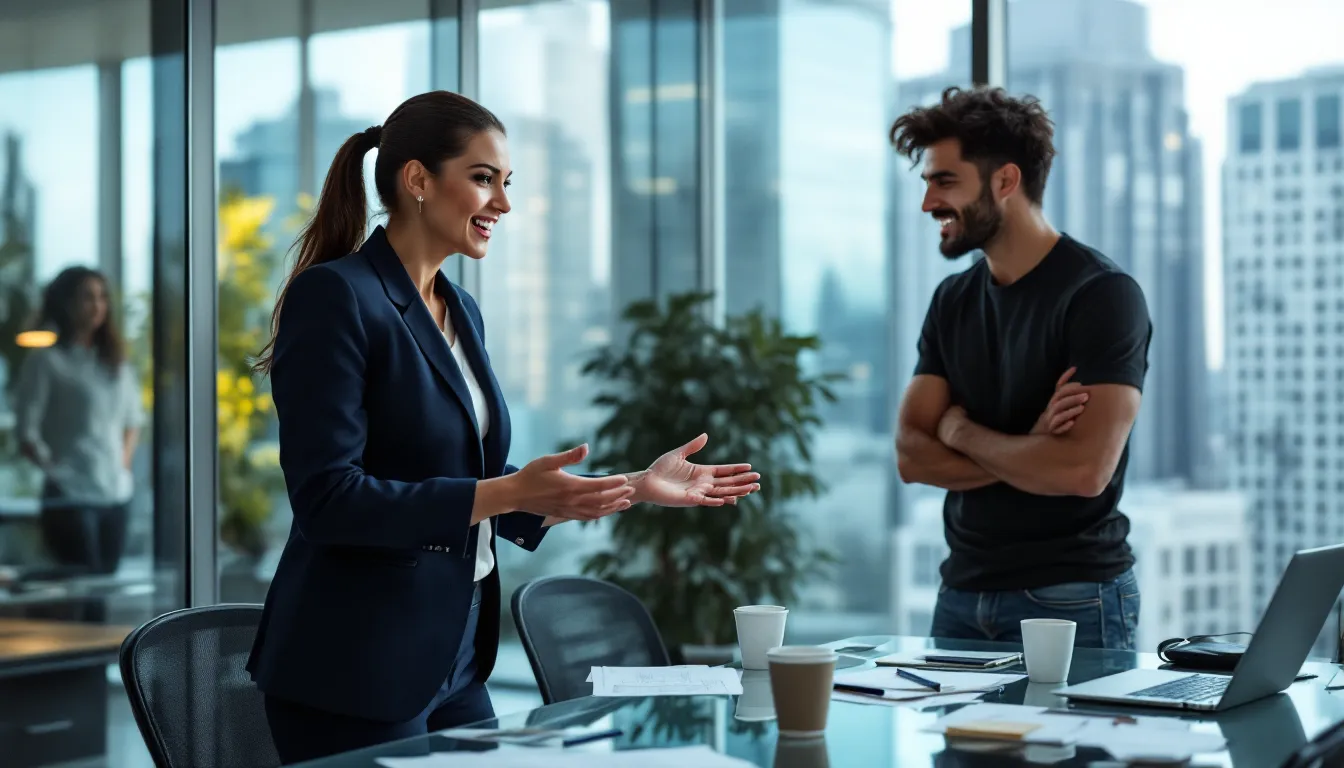 Colleagues discussing ideas in modern office.