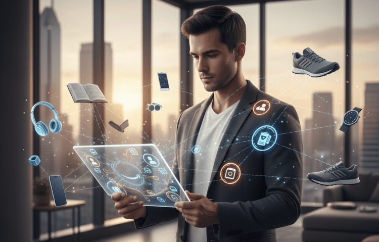 Man interacts with futuristic holographic technology interface.