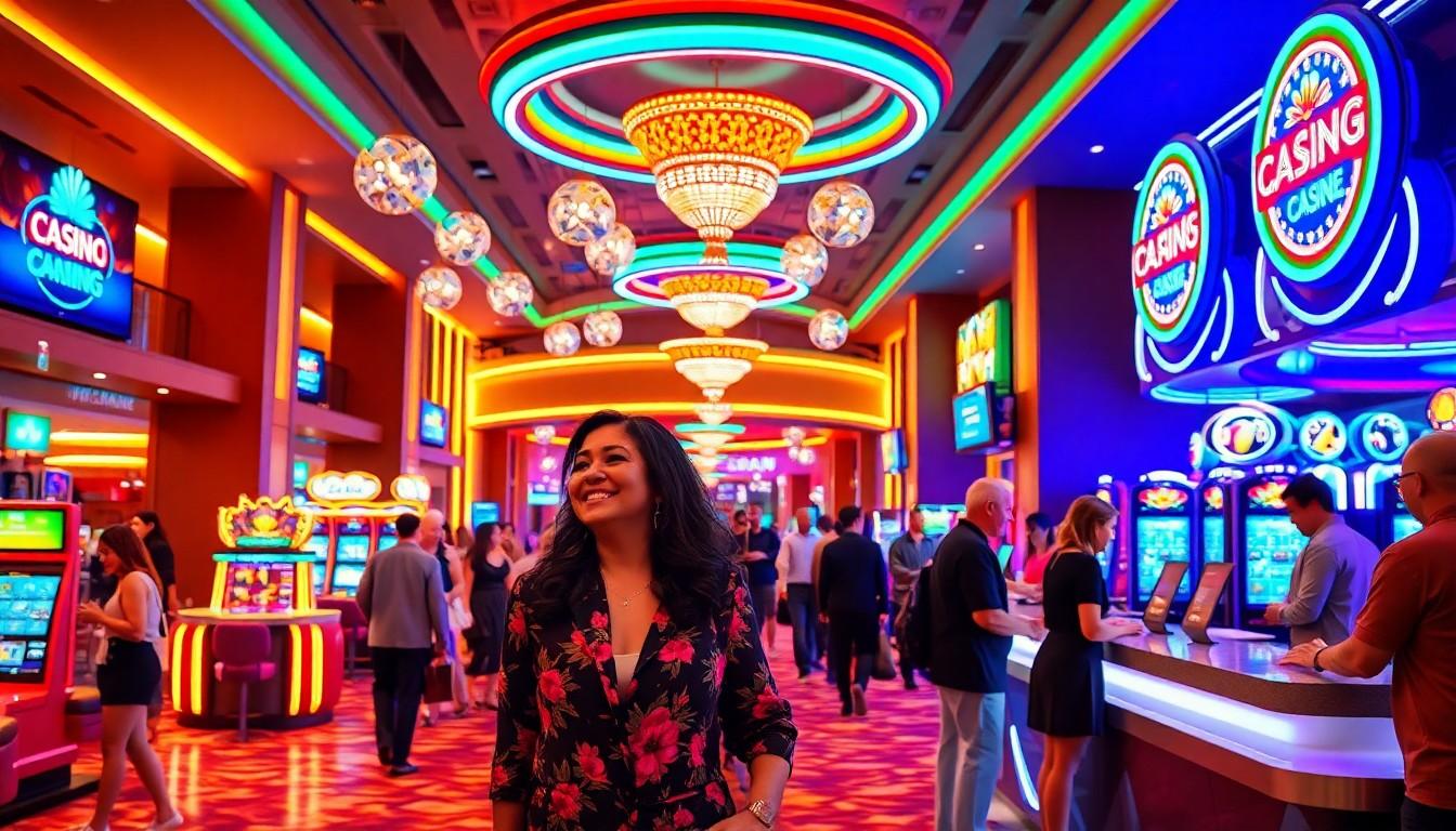 Colorful casino interior with people gambling.