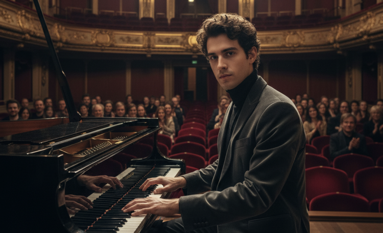 Pianist performing on stage in concert venue.