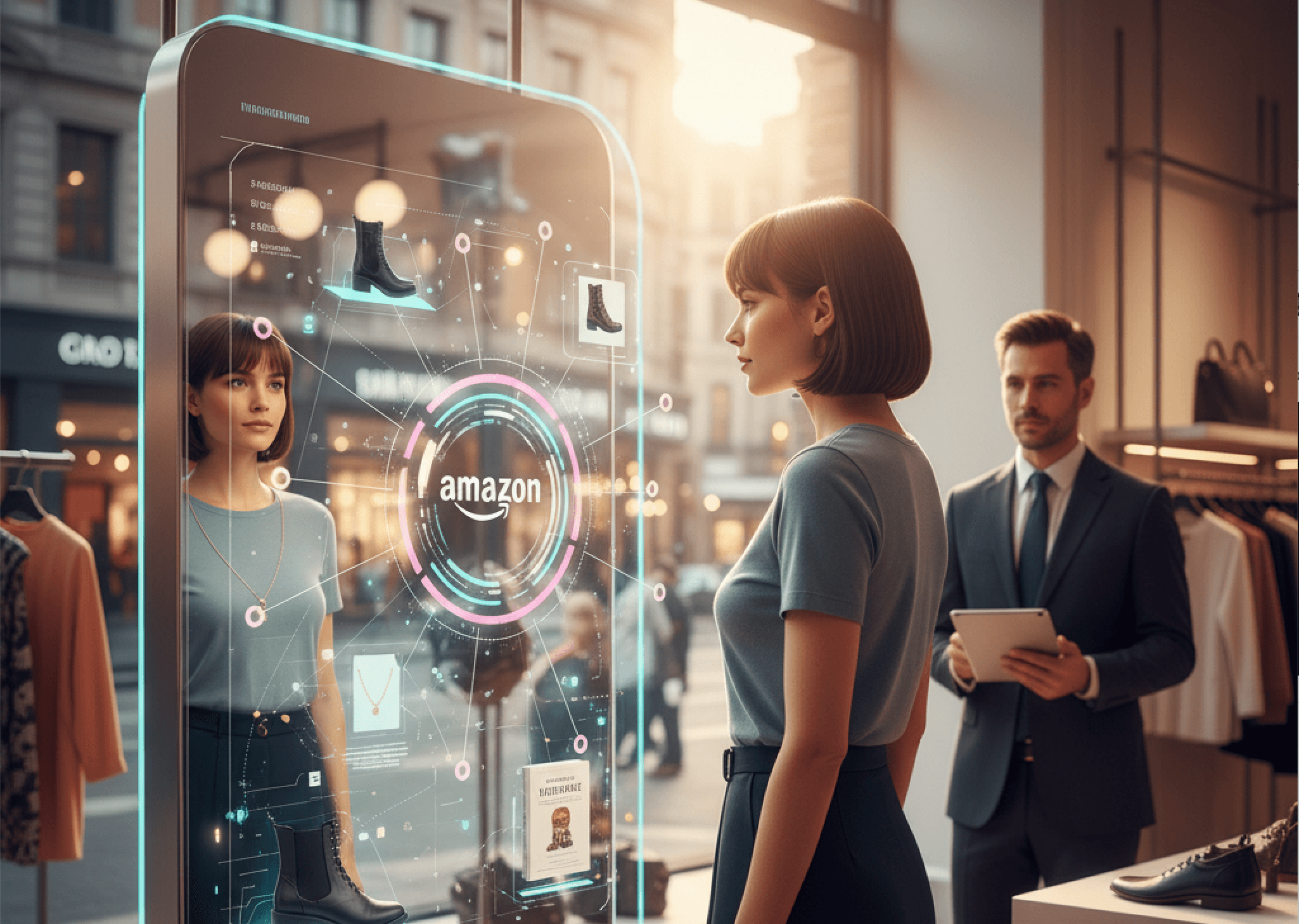 Woman interacting with futuristic Amazon shopping display.
