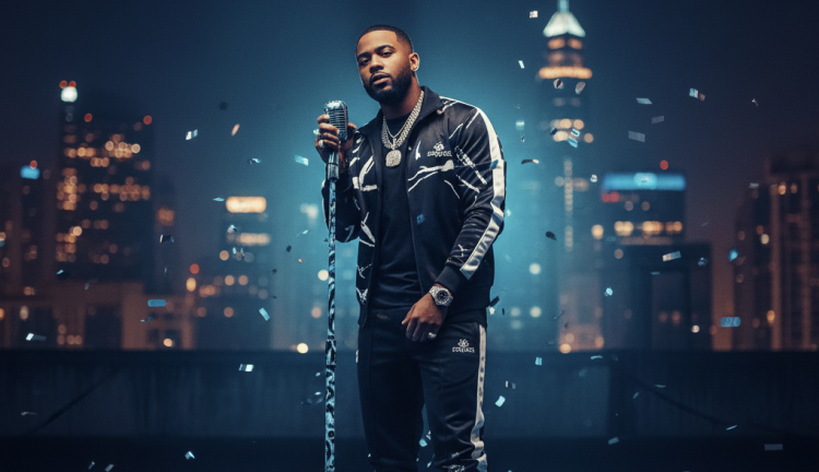 Man singing on rooftop, city lights in background.