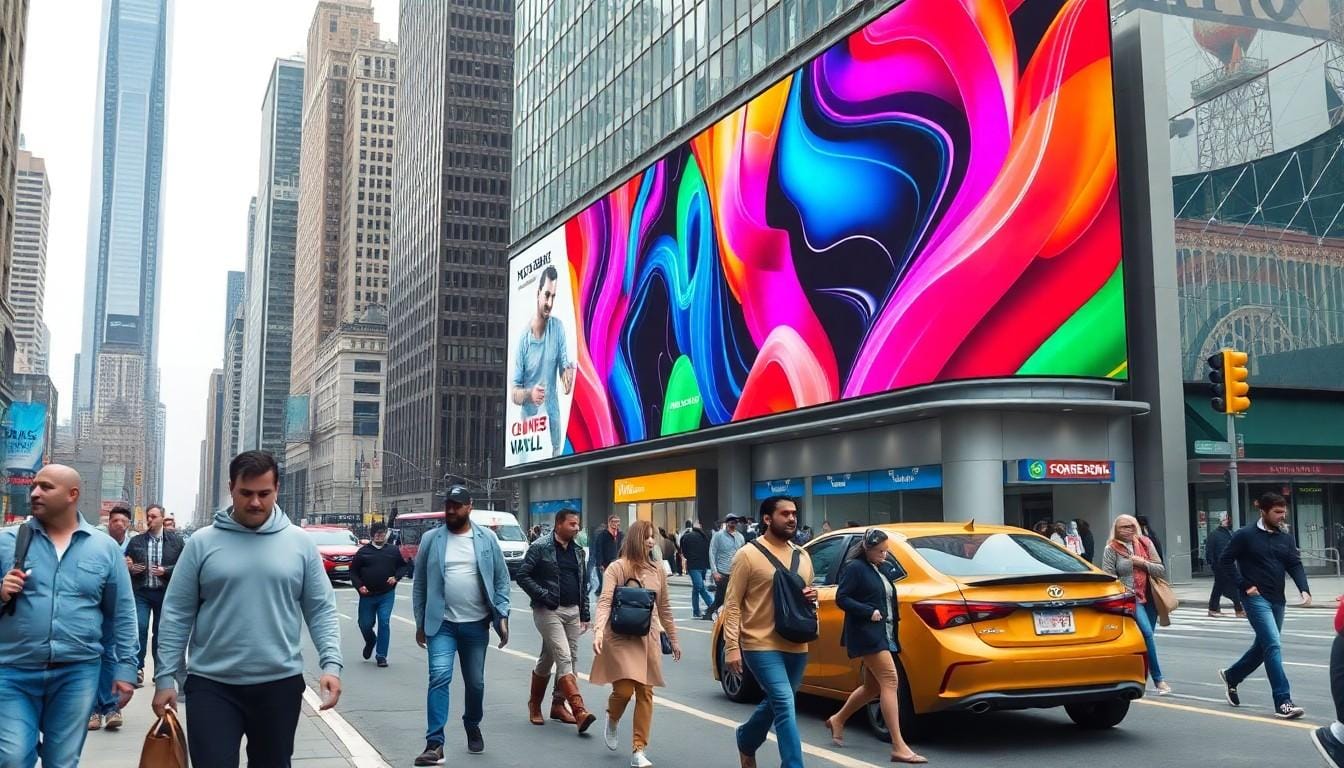 People walking near colorful billboard in city street.