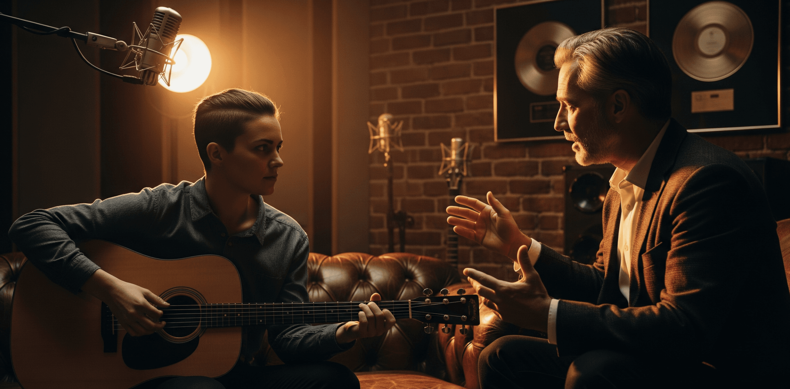 Two musicians discussing in recording studio.