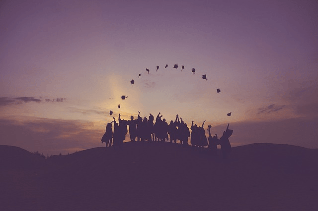 dawn, graduates, throwing hats