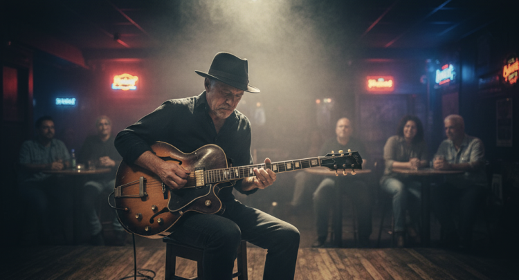Guitarist performs live in intimate jazz club.