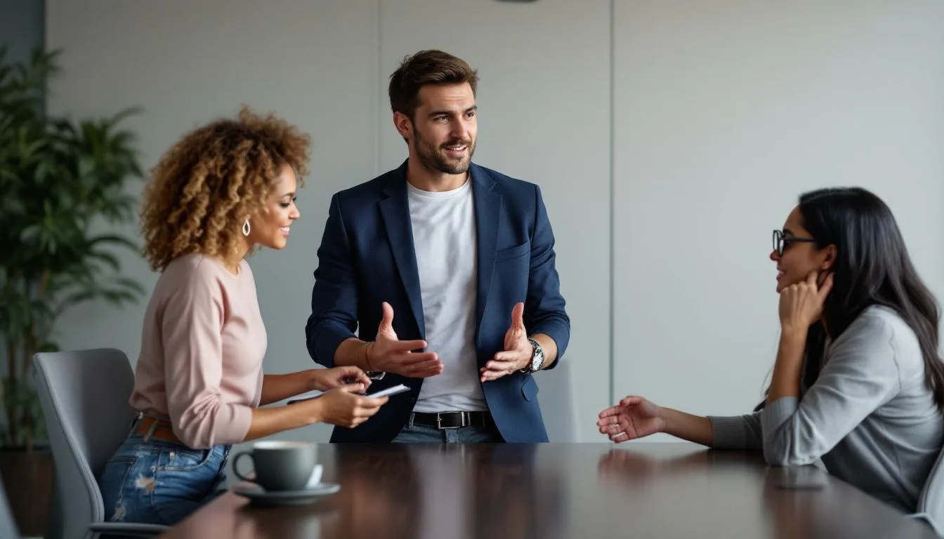 Diverse team discussing at a conference table.