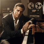 Man in suit playing piano in studio.