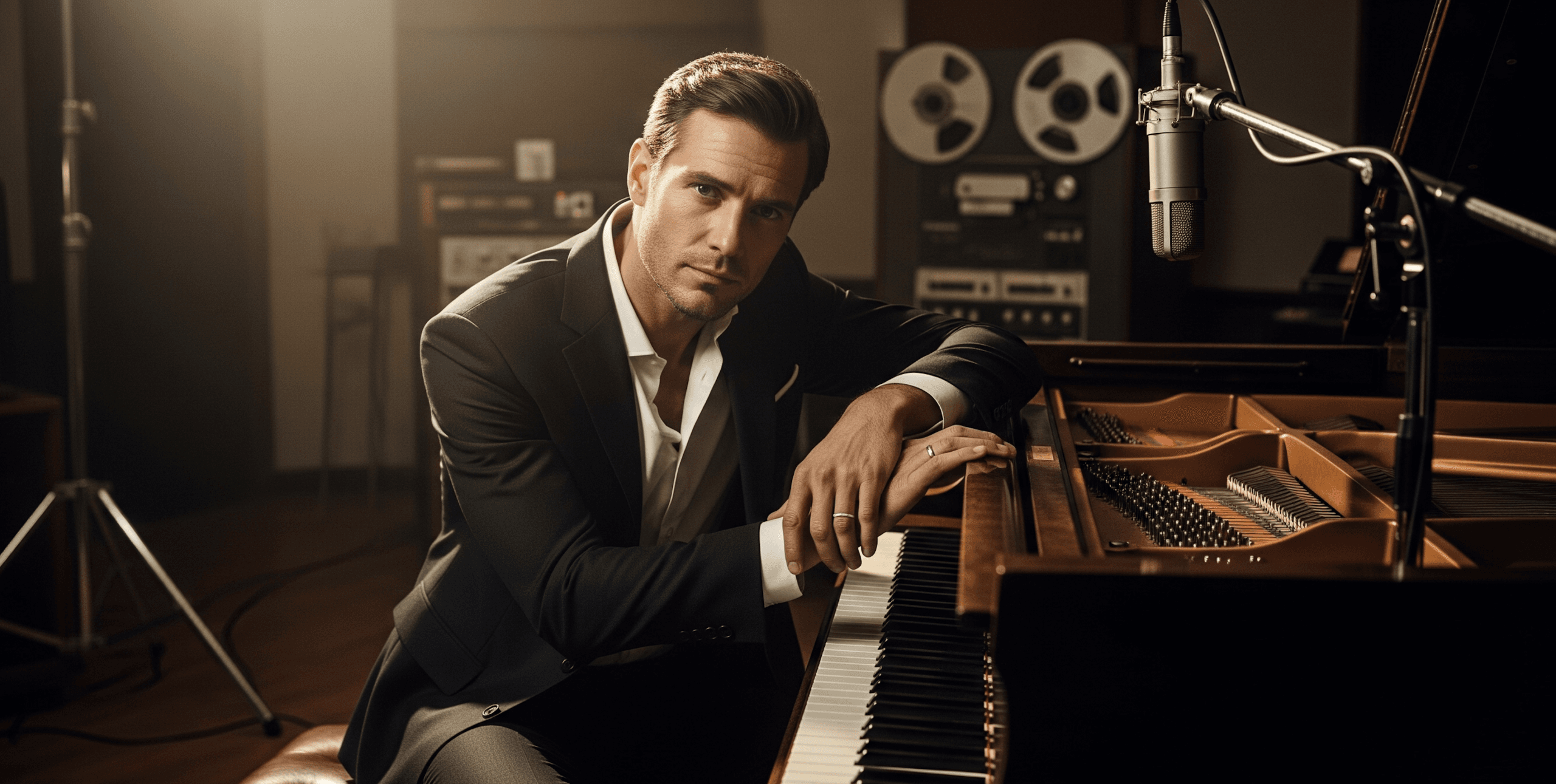 Man in suit playing piano in studio.