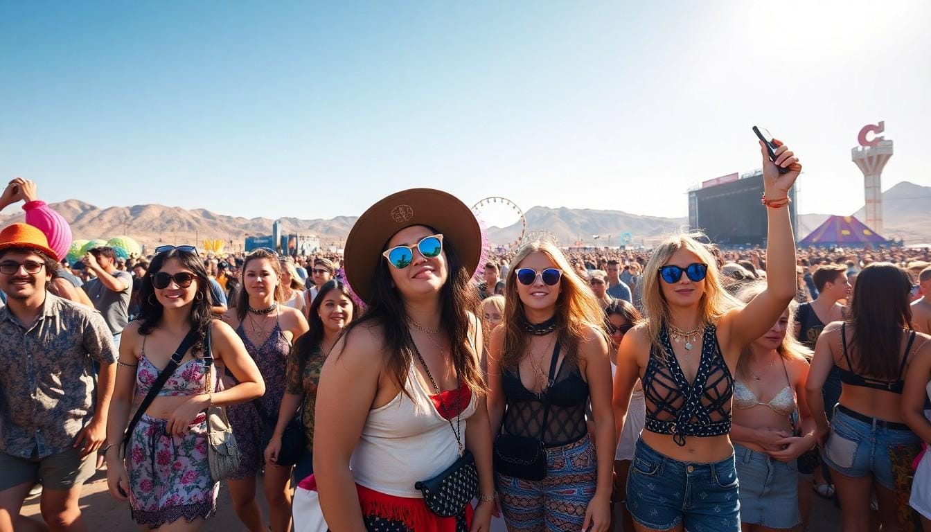 Crowd enjoying music festival outdoors in sunny mountains.