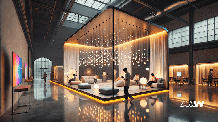 Modern interior with people in illuminated lounge.