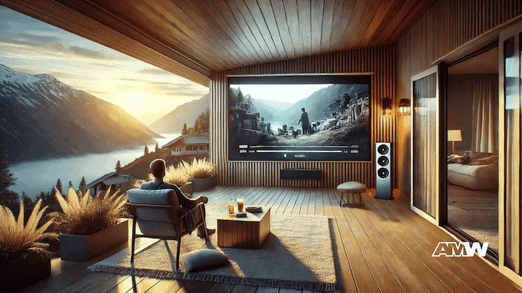 Man enjoys outdoor movie with mountain view.