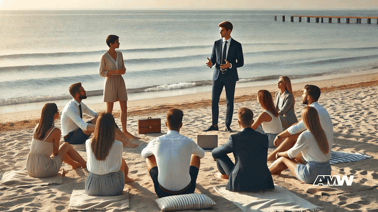 Team meeting on beach near ocean