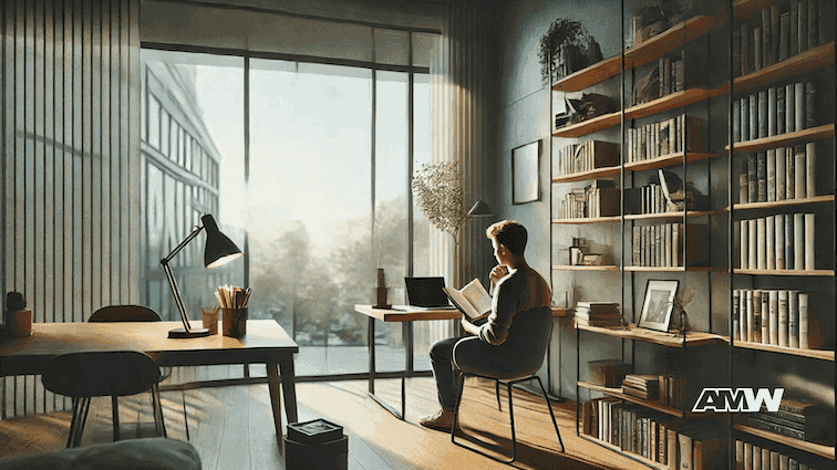 Person reading in a sunny home library.