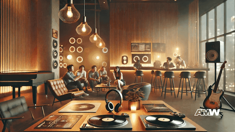 Cozy bar lounge with turntables and people chatting.