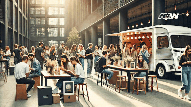 Crowded outdoor cafe with people and food truck.