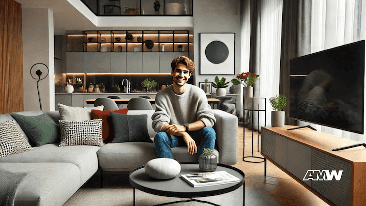 Man sitting in modern living room with kitchen