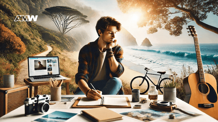 Man working by the beach with laptop and notebook.