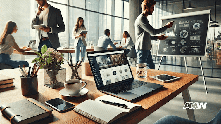 Modern office with people working and presenting.
