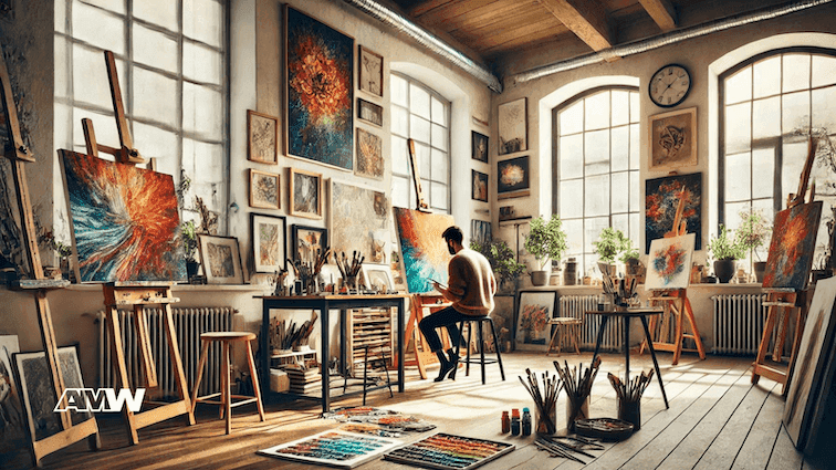 Artist painting in a colorful studio