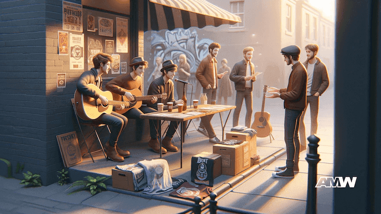 Street musicians performing, people watching, merchandise displayed.