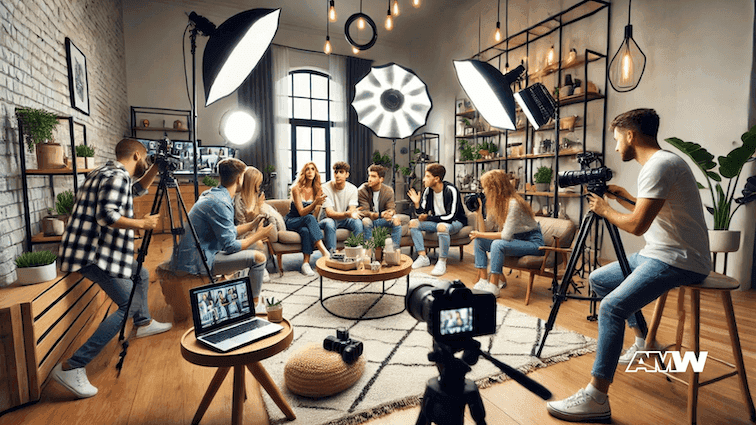 Group filming podcast in studio with equipment.