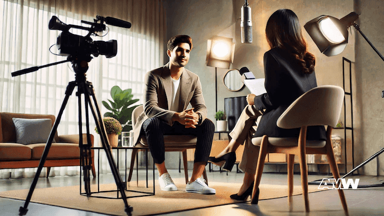 Interview setup with two people and cameras.