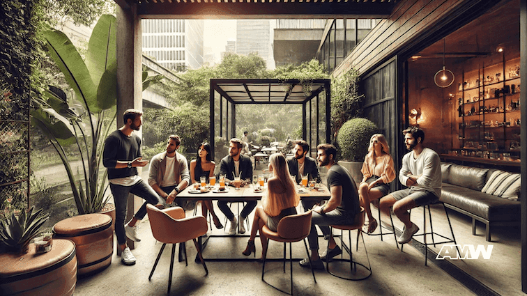 People dining and conversing in outdoor patio