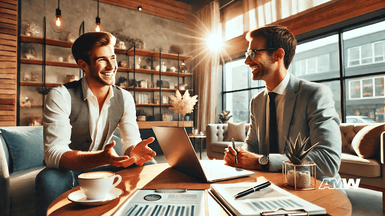 Two men discussing business strategy in modern office.