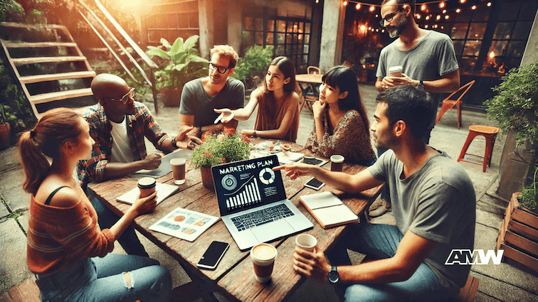 Team discussing marketing plan outdoors at a coffee shop.