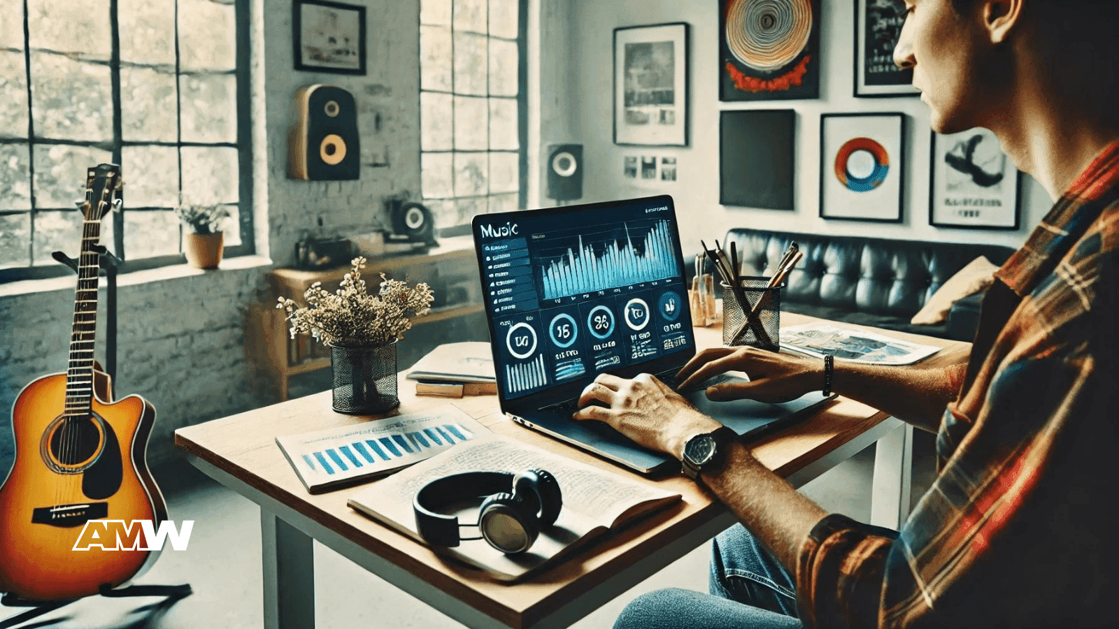 Person working on laptop with music software