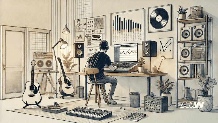 Home music studio with monitors and instruments.