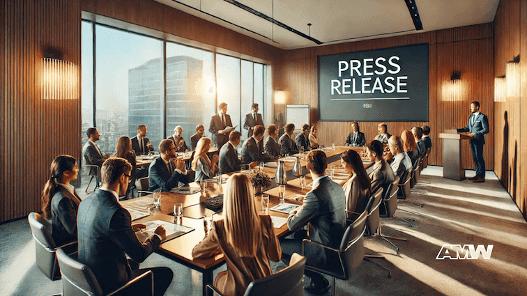 Business meeting with press release presentation