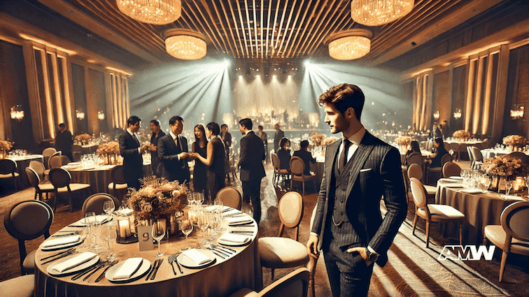 Elegant ballroom event with guests and chandeliers.