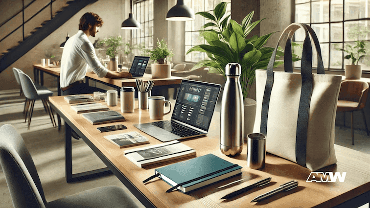Modern coworking space with laptops and plants.