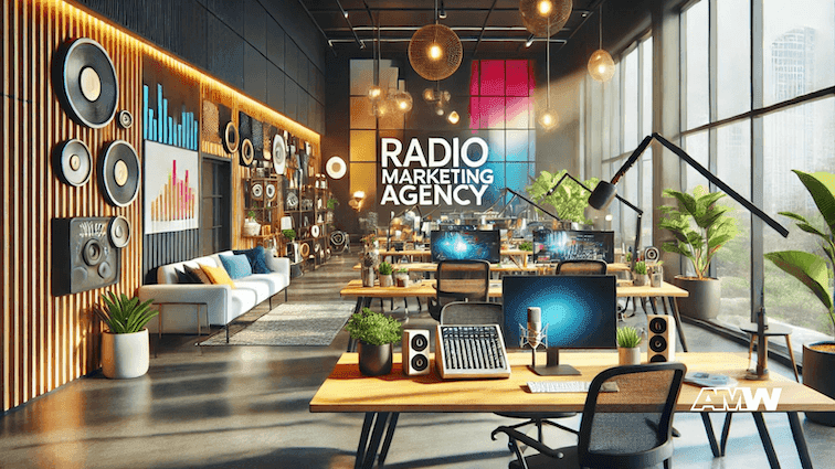 Modern radio marketing agency office.
