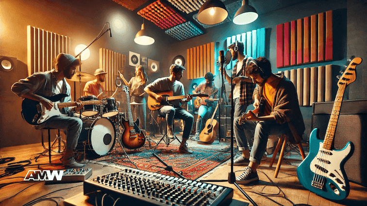 Band practicing in a recording studio.