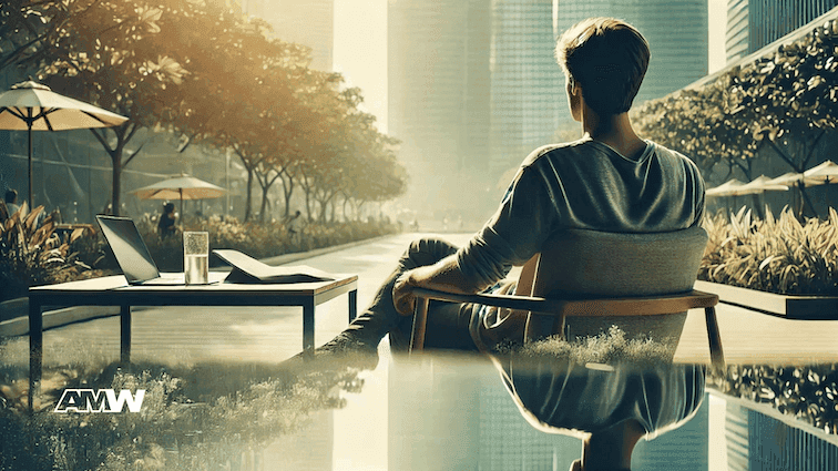 Person relaxing outdoors in modern cityscape.