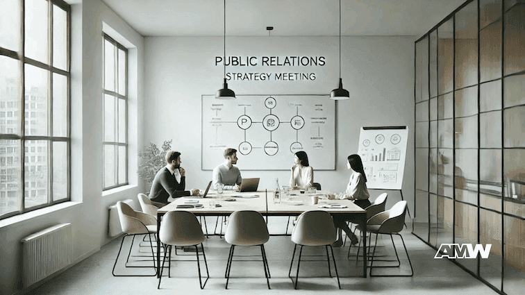 Public relations strategy meeting in modern office