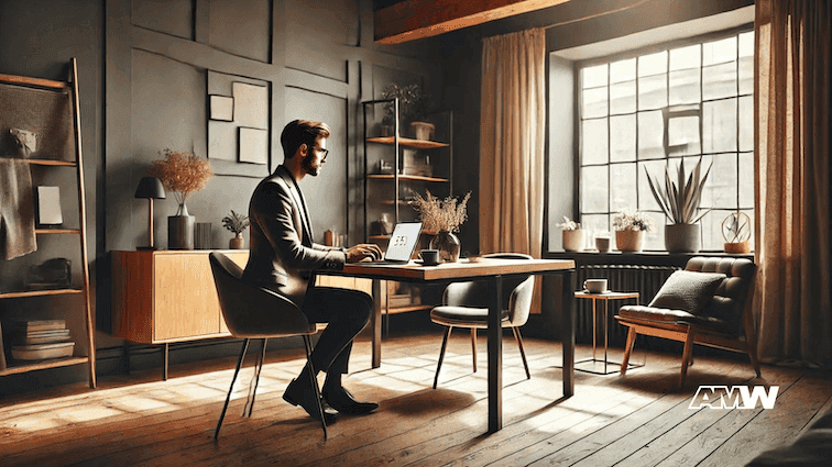 Man working on laptop in stylish home office.