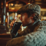 Man drinking pint in cozy pub setting.