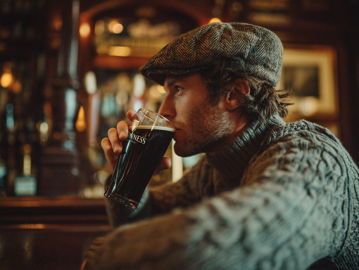 Man drinking pint in cozy pub setting.