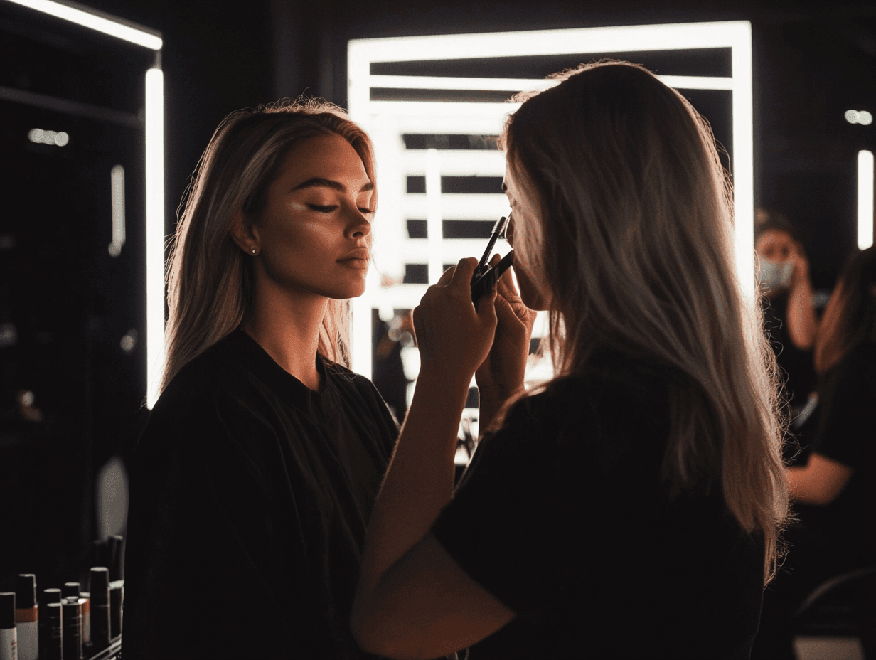 Woman getting makeup applied in front of mirror.