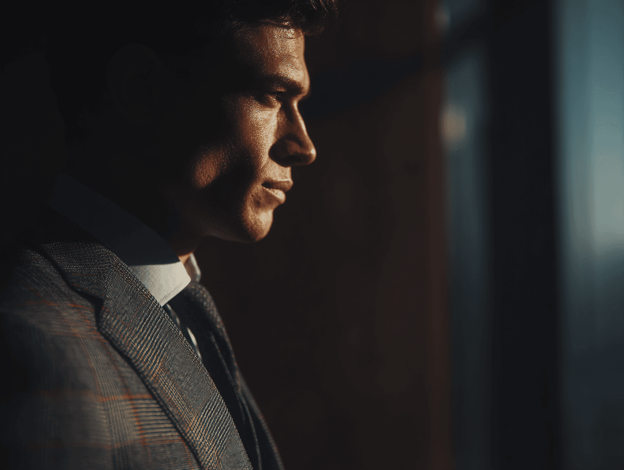Person in suit gazing out of a window