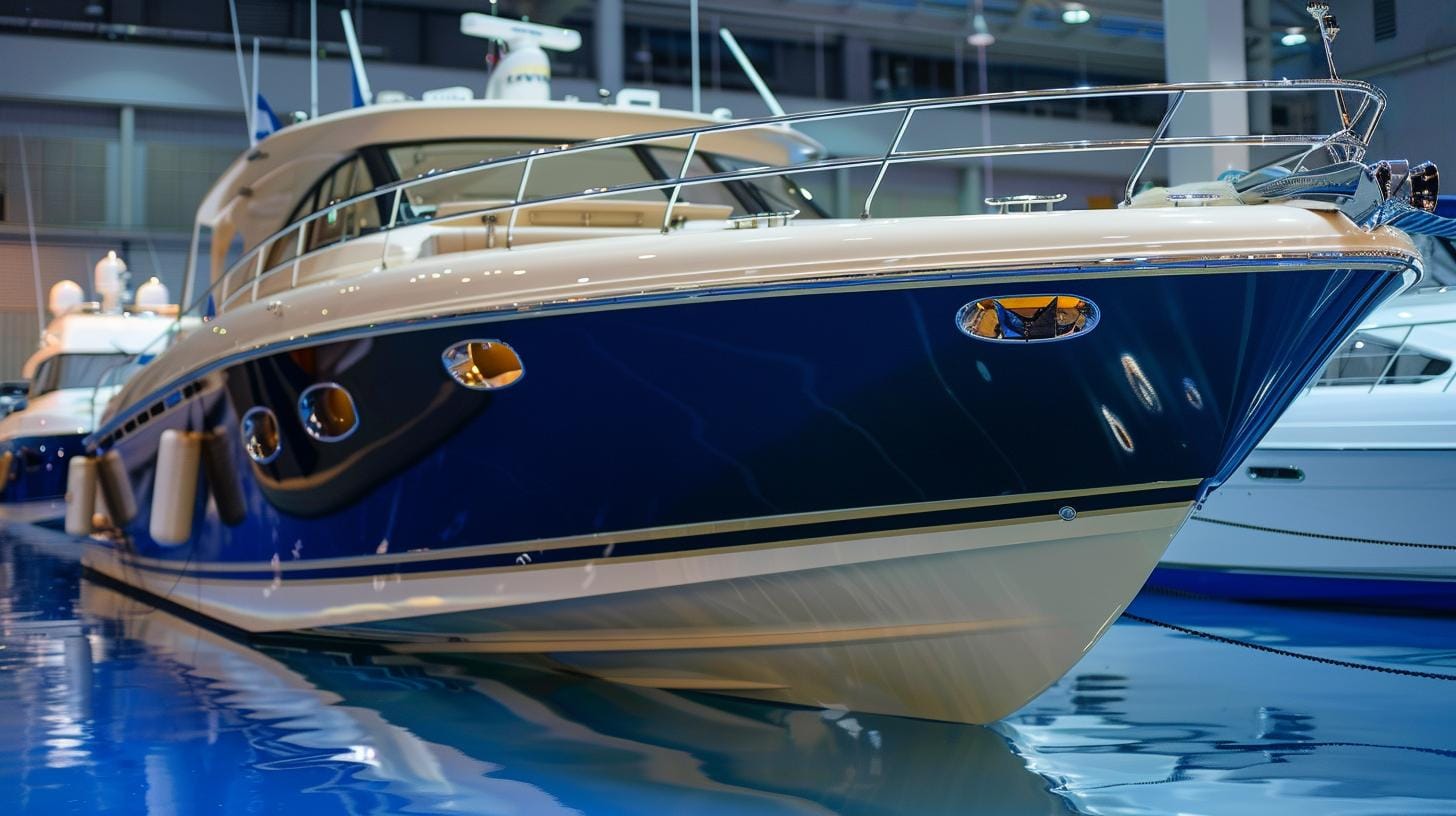 Luxury yacht displayed at indoor boat show